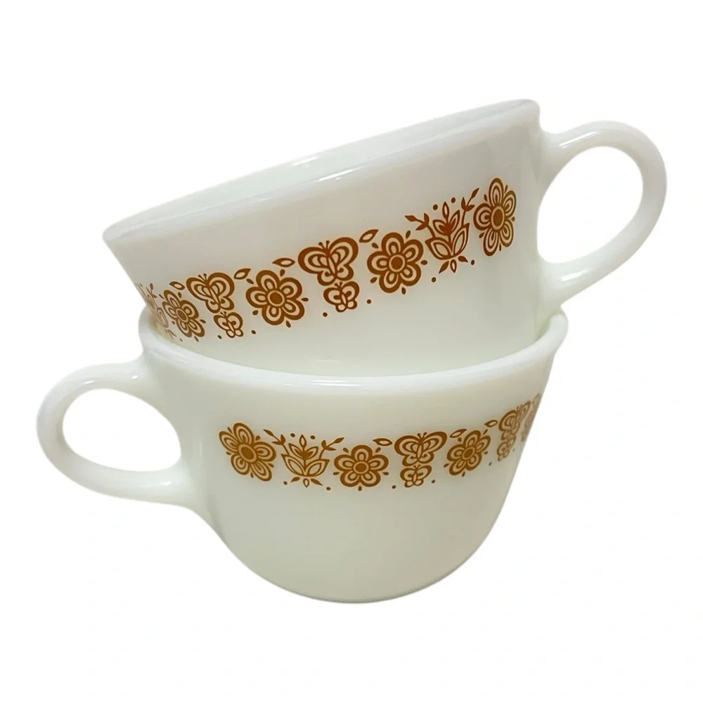 Pyrex Butterfly Gold 8 Ounce Coffee or Tea Cups Microwave Safe